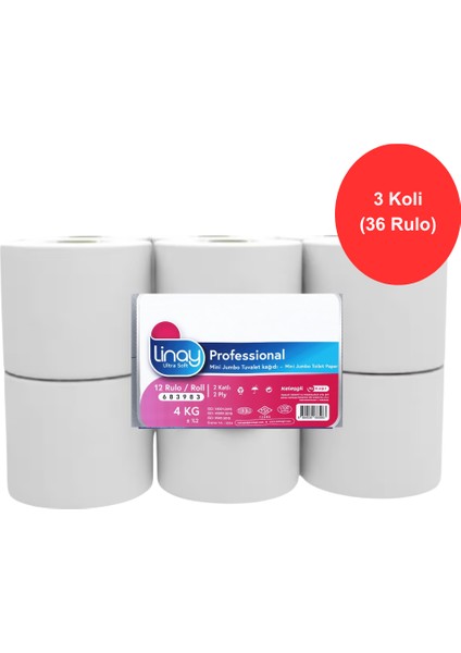 Mini Jumbo Tuvalet Kağıdı 12 Rulo x 3 Koli Toplam 36 Rulo, 2 Katlı, 9.8 cm x 95 M,%100 Selüloz