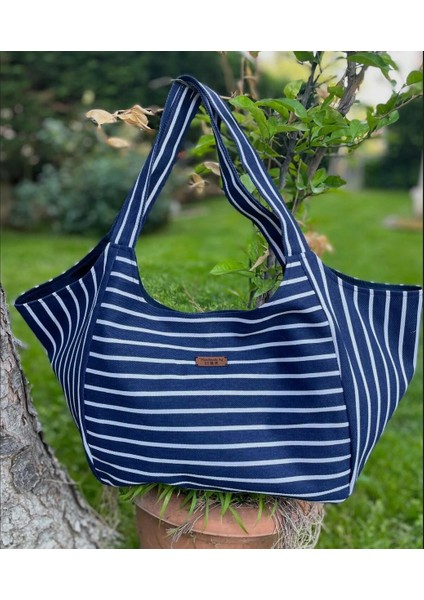 Pamuk Gabardin Kumaş Heybe Çanta-Lacivert Çizgili