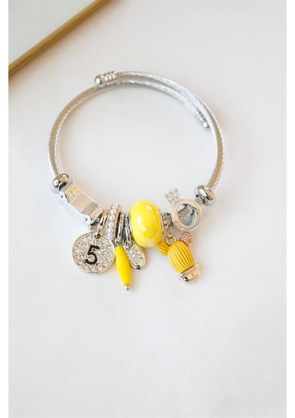 Çelik Charmlı Kaktüs Bilezik - Sarı