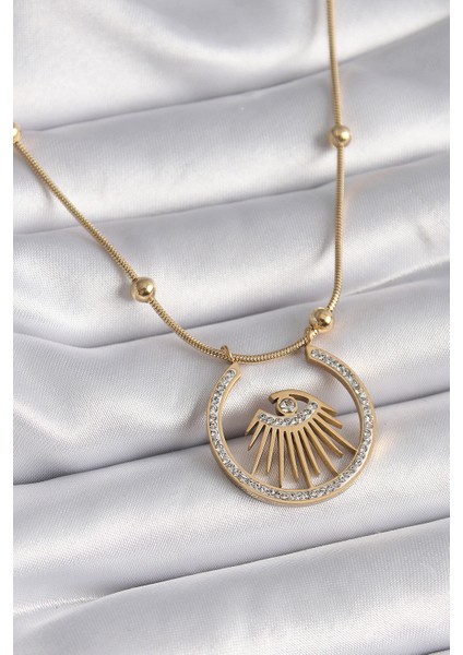 316L Çelik Gold Renk Zirkon Taşlı Göz Model Kadın Kolye - TJ-BKO9404