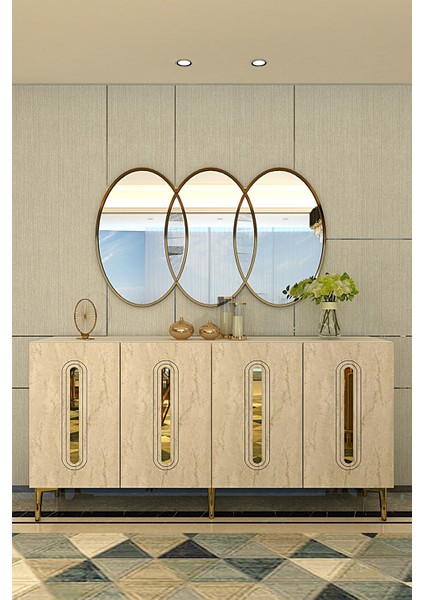 KA1520BTG- Rany Konsol, Tv Sehpası, Çok Amaçlı Dolap 150CM Beyaz-Traverten-Altın