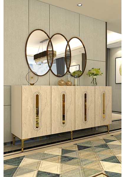 KA1520BTG- Rany Konsol, Tv Sehpası, Çok Amaçlı Dolap 150CM Beyaz-Traverten-Altın fiyatları