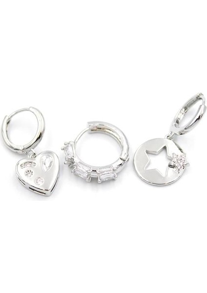 3'lü Kalp Yıldız Küpe - Gümüş