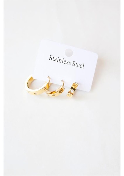 3'lü Taşlı Çelik Halka Küpe - Altın fiyatları