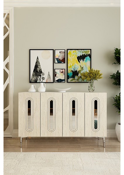 KA1206BTS- Rany Konsol, Tv Sehpası, Çok Amaçlı Dolap 120CM Beyaz-Traverten-Gümüş