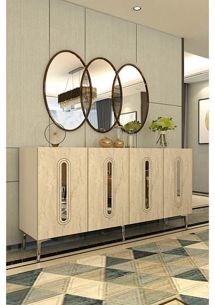 KA1206BTS- Rany Konsol, Tv Sehpası, Çok Amaçlı Dolap 120CM Beyaz-Traverten-Gümüş fiyatları