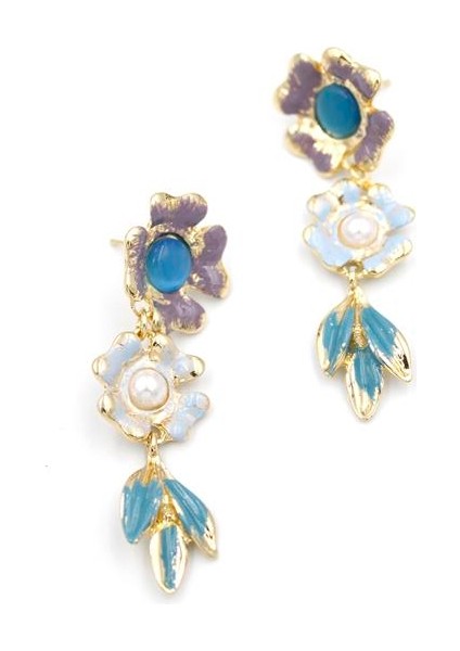 Metal Çiçek Küpe - Turkuaz