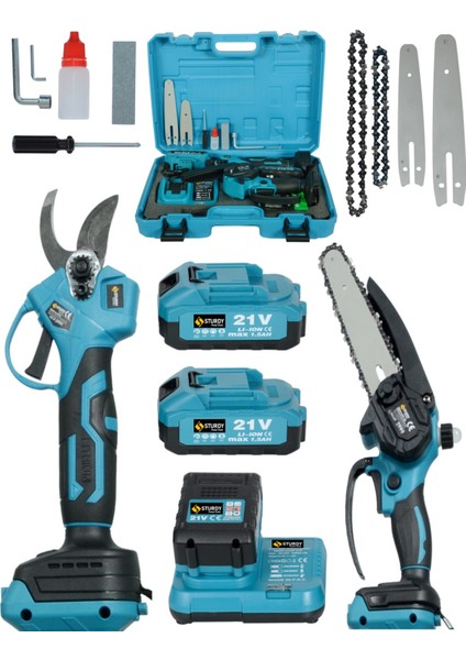 2'li Set 21V 1.3AH Çift Akülü Çelik Şanzıman Şarjlı Dal Budama & Testeresi Yenı Serı 15CM