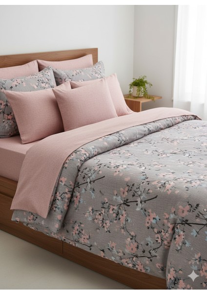 Japon Sakura Desenli Çift Kişilik Nevresim Takımı | %100 Pamuklu