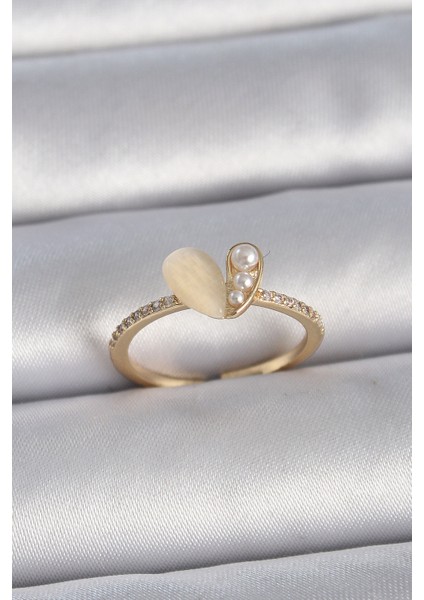 Pirinç Gümüş Renk Ayarlanabilir Zirkon Taşlı Beyaz Mineli Kalp Model Kadın Yüzük - TJ-BYK3376