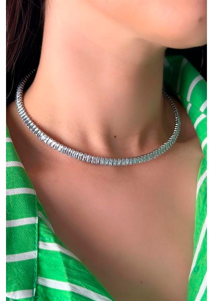 Baget Taşlı Tasma Kolye - Gümüş