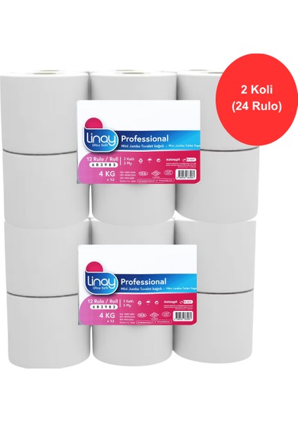 Mini Jumbo Tuvalet Kağıdı 12 Rulo x 2 Koli Toplam 24 Rulo, 2 Katlı, 9.8 cm x 95 M,%100 Selüloz