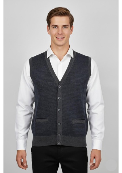 Erkek Düğmeli Yelek Cepli Çelik Örgü Klasik Kalıp BGL-ST04835