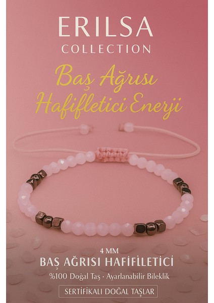 Sertifikalı Baş Ağrısı Hafifletici Enerji Bilekliği – Pembe Kuvars Terahertz Ince Model