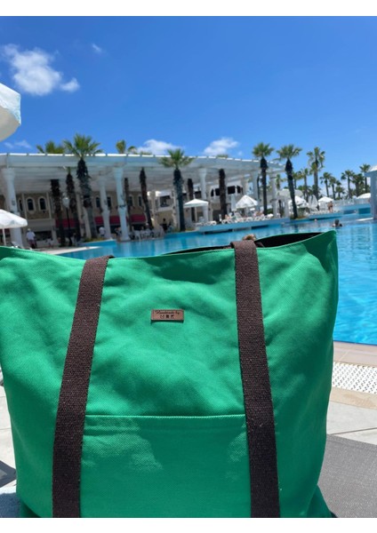 Pamuk Gabardin Kumaş Totebag Çanta-Yeşil Düz