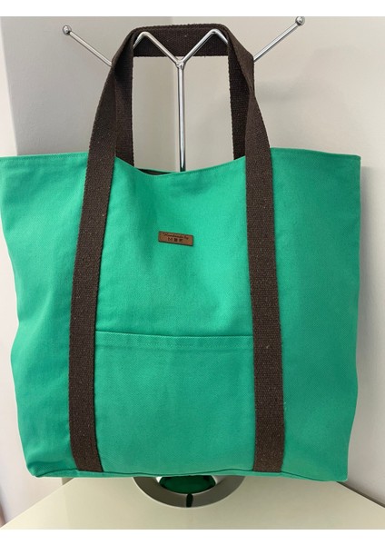 Pamuk Gabardin Kumaş Totebag Çanta-Yeşil Düz