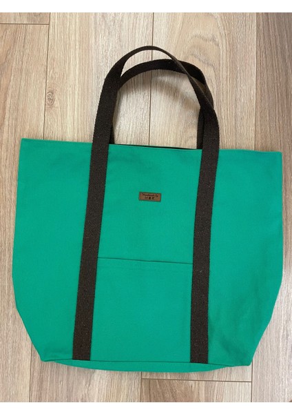 Pamuk Gabardin Kumaş Totebag Çanta-Yeşil Düz