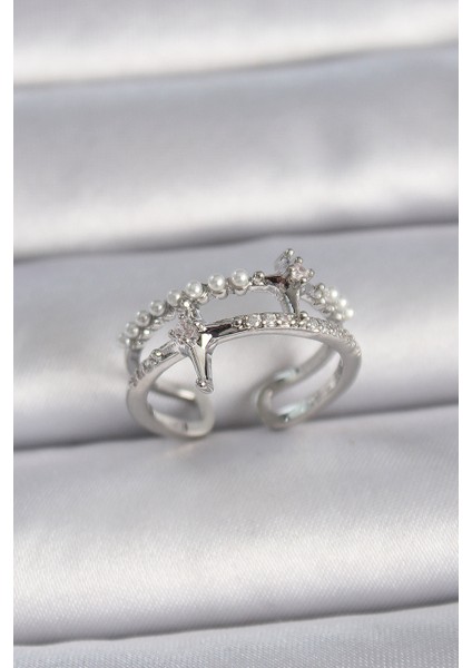 Pirinç Gümüş Renk Ayarlanabilir Zirkon Taşlı Kutup Yıldız İnci Detay Kadın Yüzük - TJ-BYK3393 fiyatları