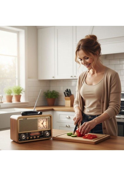 Orta Boy Saat Göstergeli Retro Ahşap Tasarım Bluetooth Hoparlörlü Radyo – Fm/am Destekli, Şarjlı ve Taşınabilir Radyo NS-8898 fırsatları