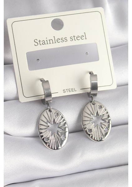 316L Çelik Gümüş Renk Kutup Yıldızı İşleme Kadın Küpe - TJ-BKP9697