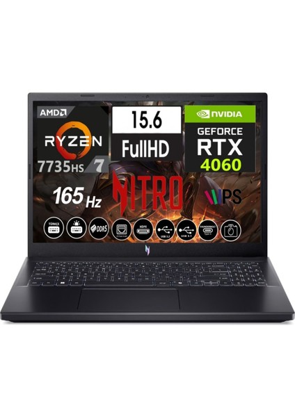 Nitro V15 Amd Ryzen 7 7735HS RTX4060 (8gb) 32GB Ddr5 Ram 512GB SSD 165HZ IPS Panel Freedos 15.6" Taşınabilir Bilgisayar ANV15-41 NH.QSFEY.007