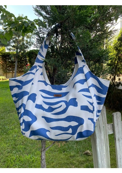 Pamuk Gabardin Heybe Çanta-Mavi Zebra Desen