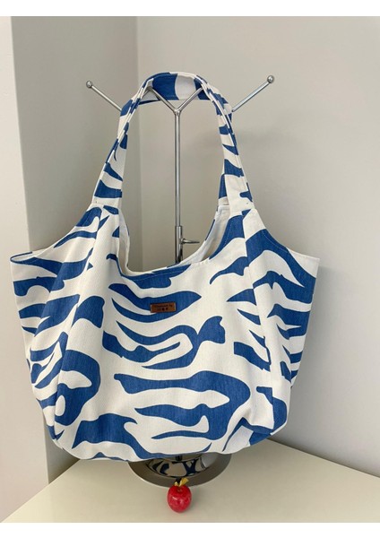 Pamuk Gabardin Heybe Çanta-Mavi Zebra Desen fiyatları