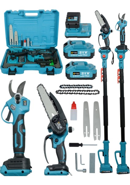 Profesyonel 3'lü Set 21V Çift Akülü Teleskopik Kollu Bağ Makası & Budama Testeresi