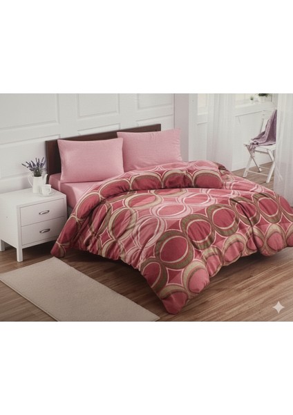 Modern Retro Tarzı | Pembe ve Kahve Çevrili Yuvarlak Desenli Nevresim Takımı