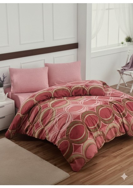 Modern Retro Tarzı | Pembe ve Kahve Çevrili Yuvarlak Desenli Nevresim Takımı fiyatları