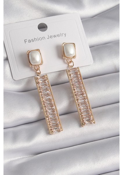 Pirinç Gold Renk Kare İnci Zirkon Taşlı Su Yolu Model Kadın Küpe - TJ-BKP9610 fiyatları