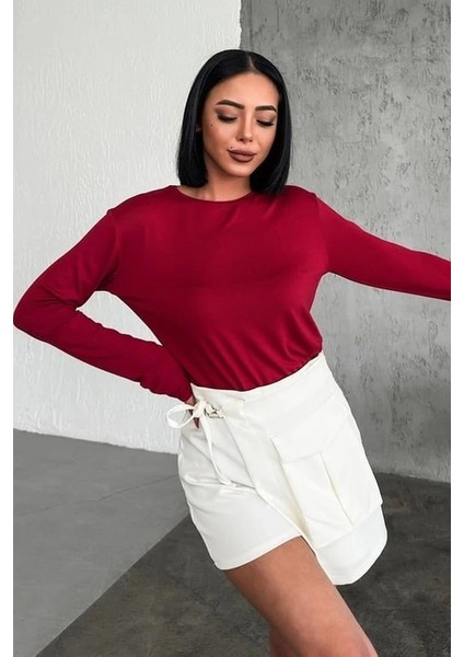 Rahat ve Şık Uzun Kollu Bisiklet Yaka Likralı Viskon Penye Body Bordo