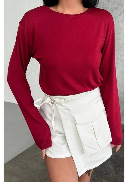 Rahat ve Şık Uzun Kollu Bisiklet Yaka Likralı Viskon Penye Body Bordo fiyatları