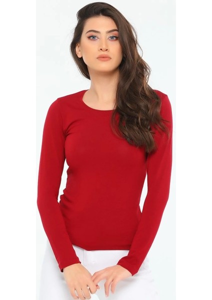 Rahat ve Şık Uzun Kollu Bisiklet Yaka Likralı Viskon Penye Body Bordo modelleri