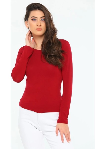 Rahat ve Şık Uzun Kollu Bisiklet Yaka Likralı Viskon Penye Body Bordo indirimleri