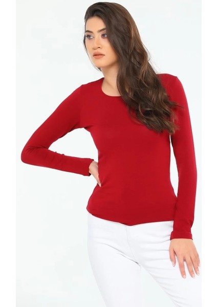 Rahat ve Şık Uzun Kollu Bisiklet Yaka Likralı Viskon Penye Body Bordo