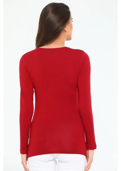 Rahat ve Şık Uzun Kollu Bisiklet Yaka Likralı Viskon Penye Body Bordo