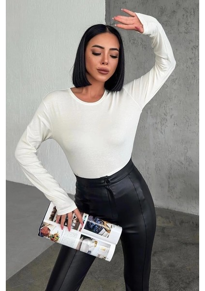 Rahat ve Şık Uzun Kollu Bisiklet Yaka Likralı Viskon Penye Body Ekru modelleri