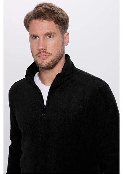 Unisex Standart Fit Rahat Kesim Tüylenme Yapmayan Soğuk Geçirmez Siyah Dik Yaka Polar Sweatshirt
