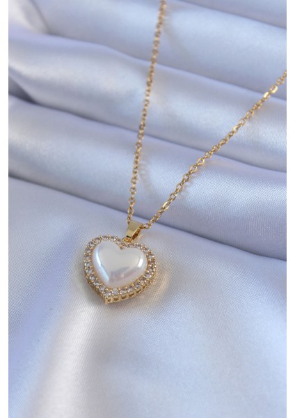 316L Çelik Gold Renk İncili Kalp Model Zirkon Taşlı Kadın Kolye - TJ-BKO7566