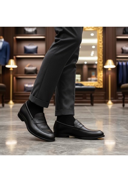 Siyah Hakiki Deri El Yapımı Penny Loafer Ekek Ayakkabı