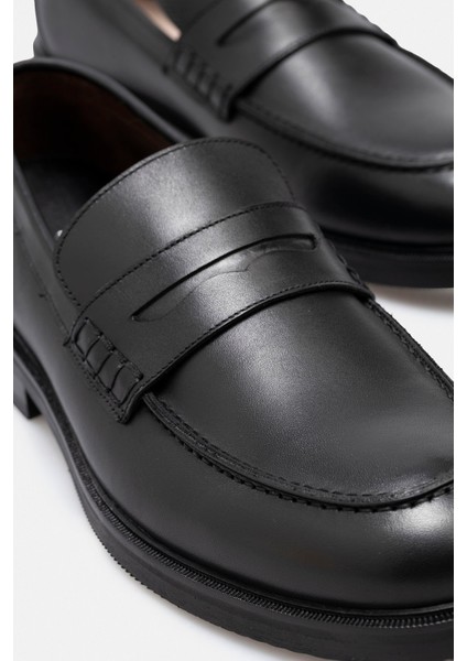 Siyah Hakiki Deri El Yapımı Penny Loafer Ekek Ayakkabı