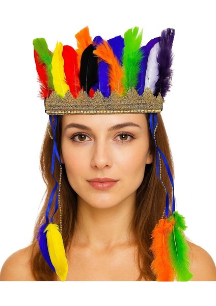 Rengarenk Tüylerle Işlenmiş Lastikli Kızılderili Başlığı fiyatları