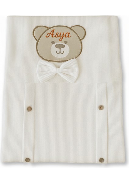 Isme Özel Nakışlı Fiyonklu Ayıcık Desenli Ekru Bebek Battaniyesi