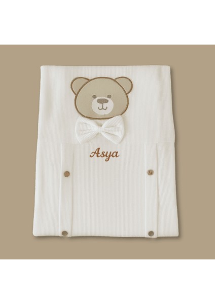 Isme Özel Nakışlı Fiyonklu Ayıcık Desenli Ekru Bebek Battaniyesi fiyatları