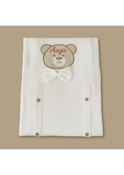 Isme Özel Nakışlı Fiyonklu Ayıcık Desenli Ekru Bebek Battaniyesi modelleri