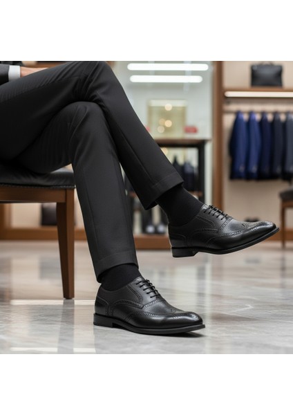 Erkek Siyah Hakiki Deri El Yapımı Çift Dokulu Brogue Ayakkabı