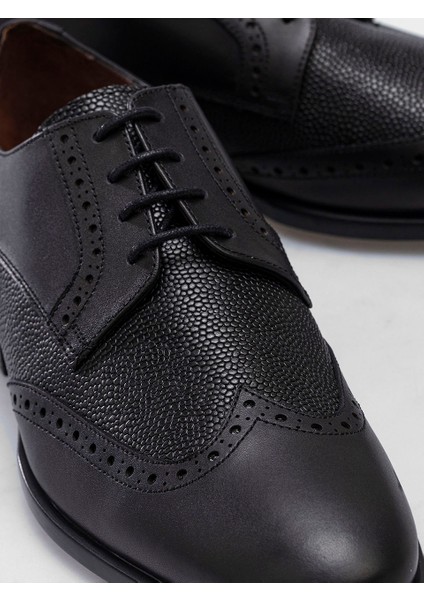 Erkek Siyah Hakiki Deri El Yapımı Çift Dokulu Brogue Ayakkabı