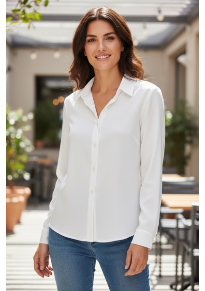 Büyük Beden Beyaz Kadın Ofis Bluz