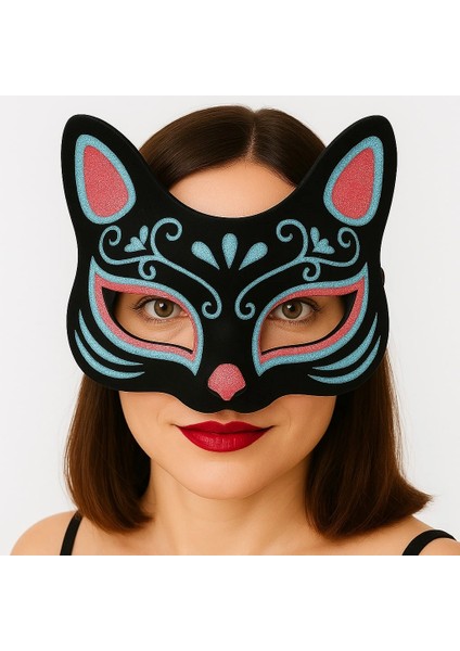 Siyah Renk Süet Kaplama Üzeri Mavi Kırmızı Simli Kedi Maskesi 17X14 cm